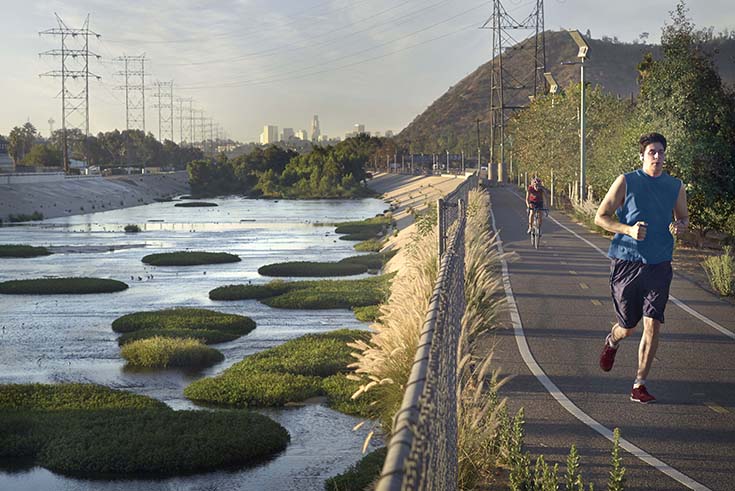 runner and cyclist exercise along L.A. River